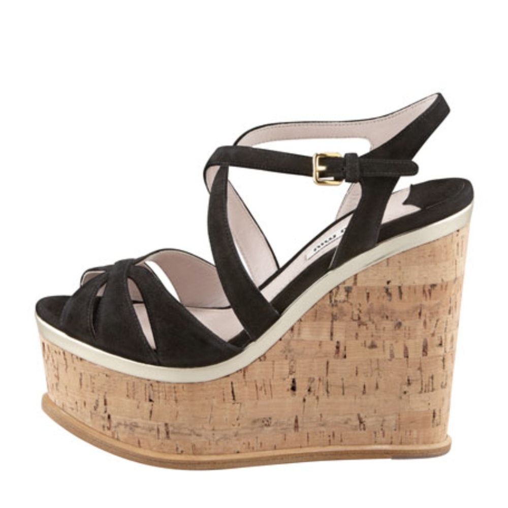 Miu Miu Strappy Suede Cork Wedge Platform Sandal Size 6